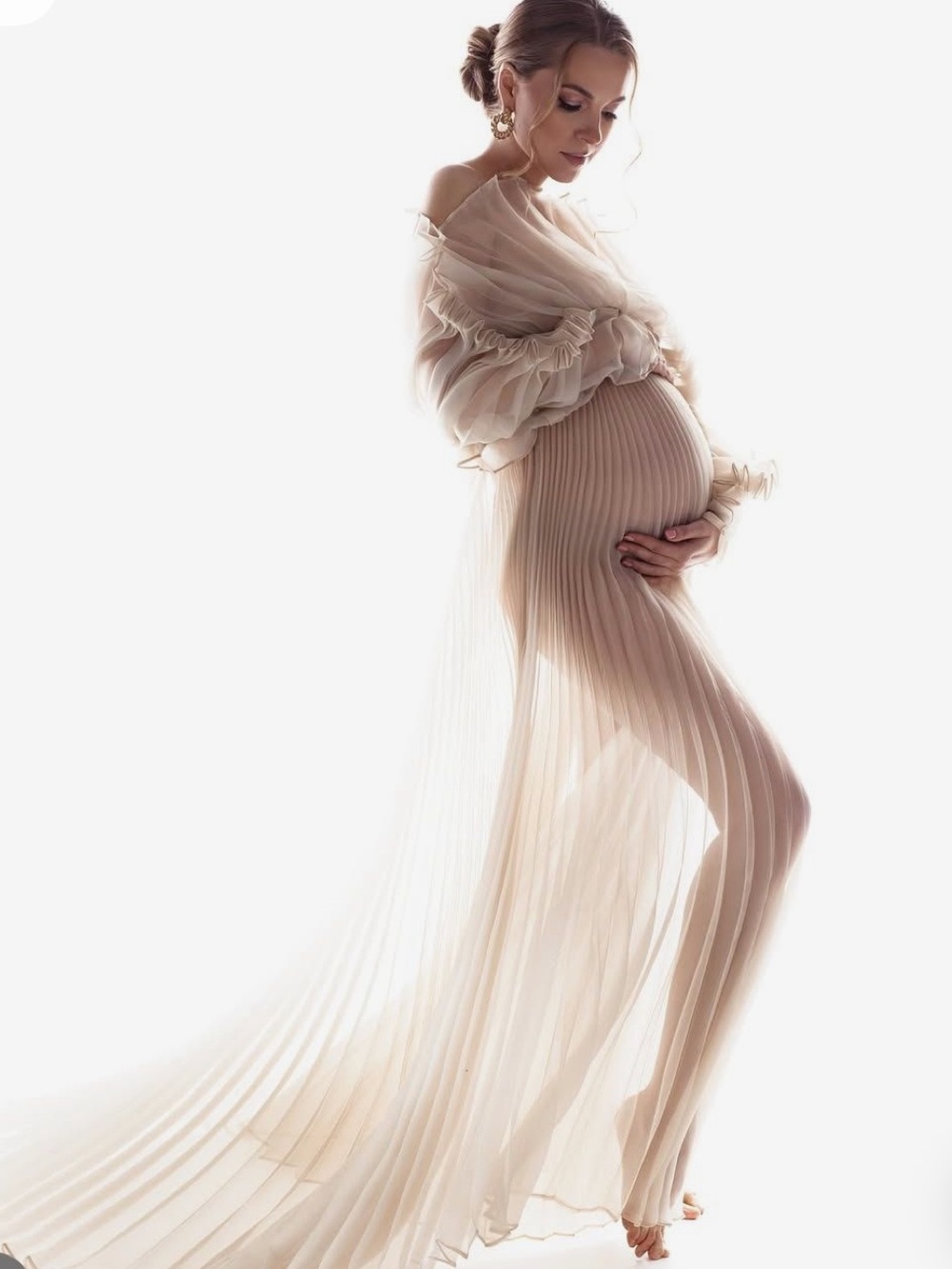 Sheer Pleated Maternity Maxi Dress in Ivory